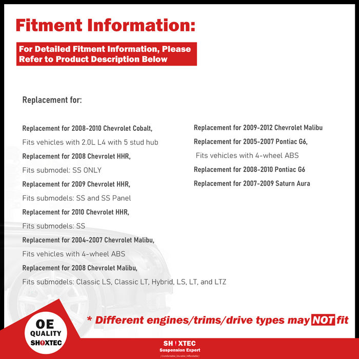 Shoxtec Front Wheel Bearing Hub Assembly Replacement for 08-10 Chevrolet Cobalt 08-10 Chevrolet HHR 04-07 Chevrolet Malibu 08-12 Chevrolet Malibu 05-10 Pontiac G6 07-09 Saturn Aura Repl. no 513214