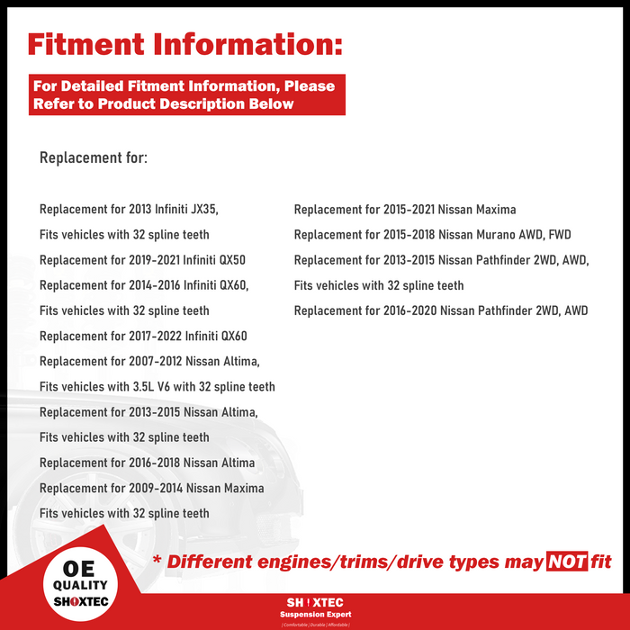 Shoxtec Front Pair Wheel Bearing Hub Assembly Replacement for 13 Infiniti JX35 19-21 Infiniti QX50 14-22 QX60 17-22 QX60 13-18 Nissan Altima 09-21 Maxima 15-18 Murano 13-20 Pathfinder Repl. no 513296