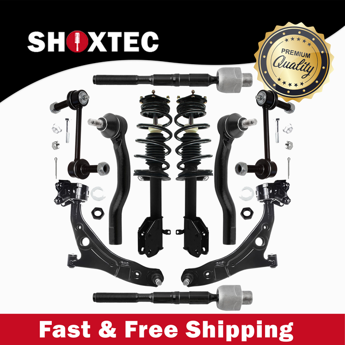 Shoxtec Front End 10pc Suspension Kit Replacement for 2012-2014 Ford Edge; Fits 2.0L engine only. Includes 2 Complete Struts 2 Sway Bars 2 Inner Tie Rods 2 Outer Tie Rods 2 Control Arms