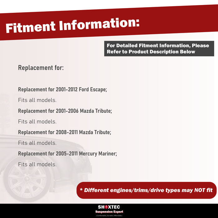 Shoxtec 4pc Front Suspension Shock Absorber Kits Replacement for 01-12 Ford Escape 01-06 Mazda Tribute 08-11 Mazda Tribute 05-11 Mercury Mariner includes 2 Complete Struts 2 Front Outer Tie Rod End