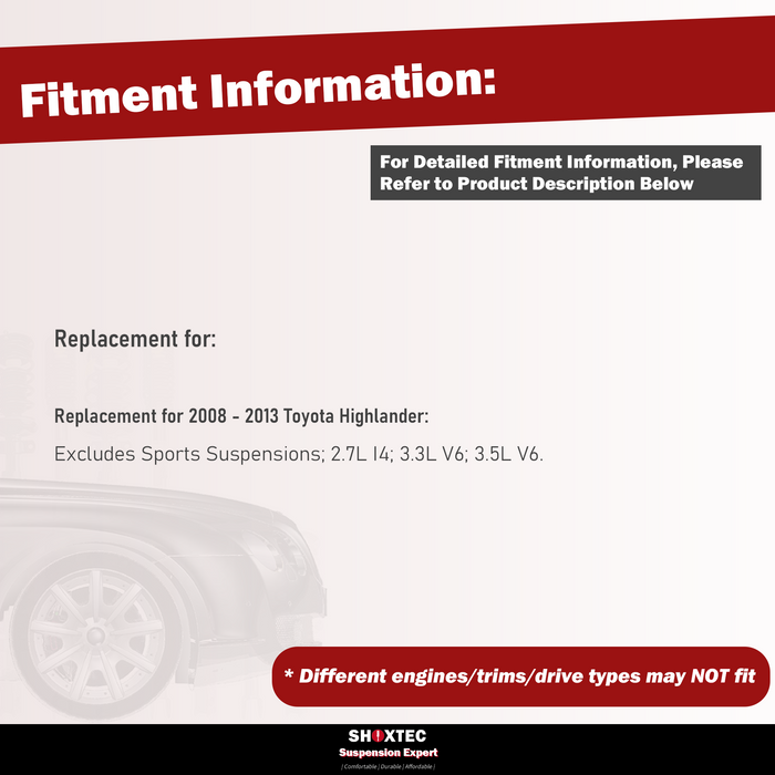 Shoxtec 6pc Suspension Kit Replacement for 2008 - 2013 Toyota Highlander Includes 2 Complete Struts 2 Sway Bars 2 Lower Control Arms and Ball Joints Assembly