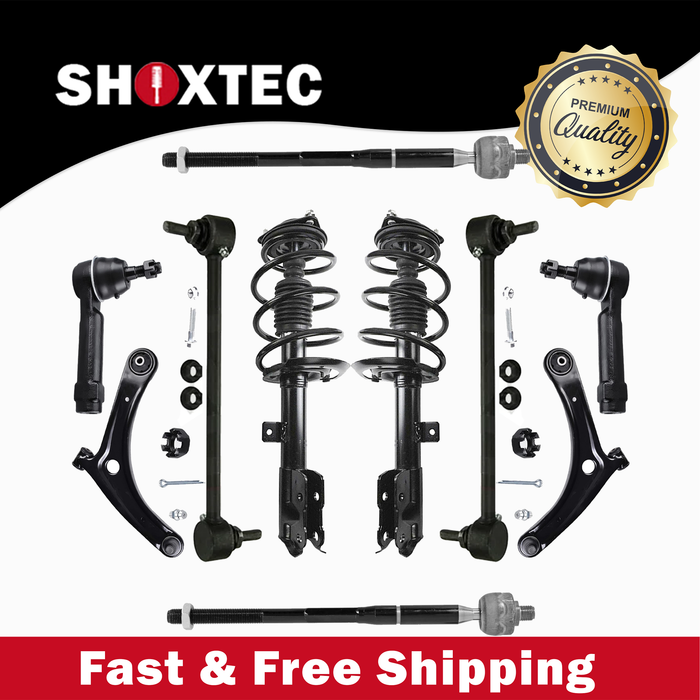 Shoxtec Front End 10pc Suspension Kit Replacement for 2007-2012 Dodge Caliber; Includes 2 Complete Struts 2 Sway Bar 2 Inner Tie Rods 2 Outer Tie Rods 2 Control Arms